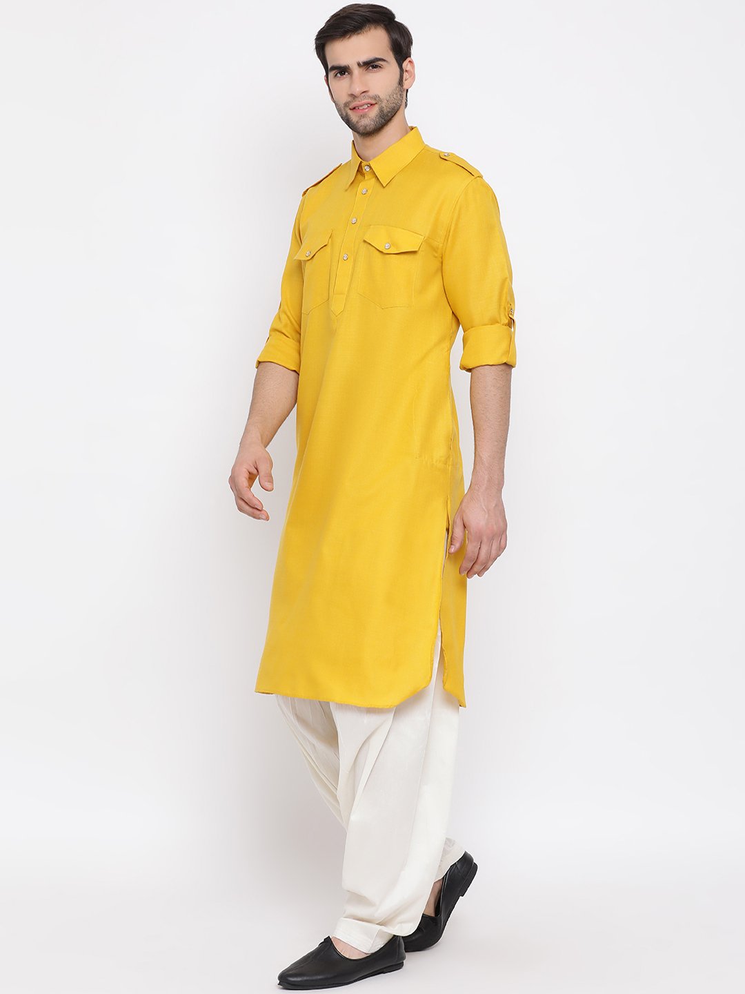 VM By VASTRAMAY Men's Mustard Cotton Blend Pathani Suit Set