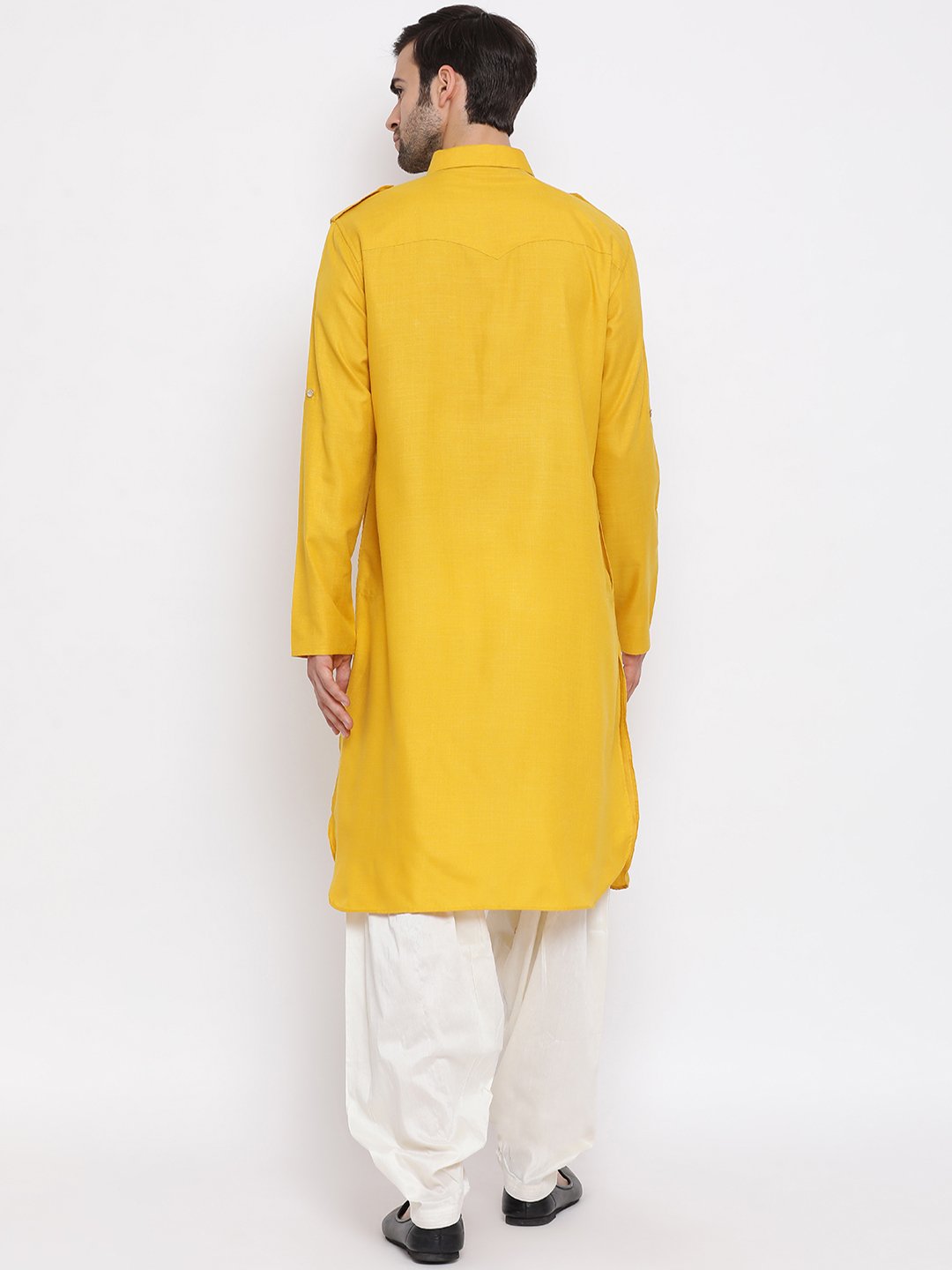 VM By VASTRAMAY Men's Mustard Cotton Blend Pathani Suit Set