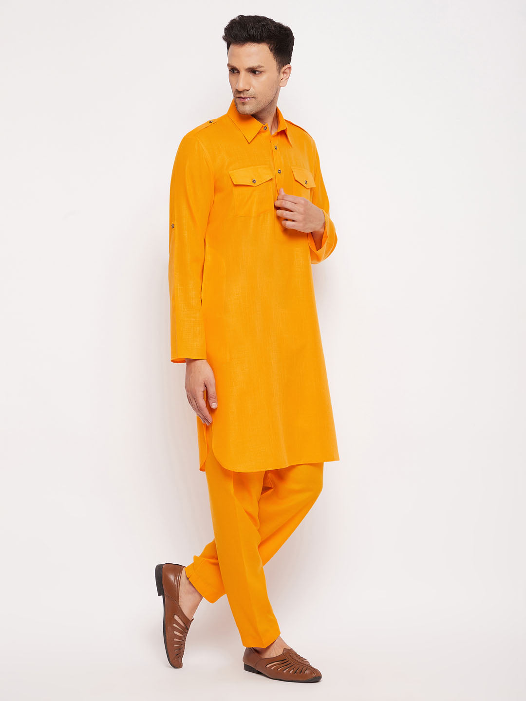 VM BY VASTRAMAY Men's Mustard Pathani Suit Set