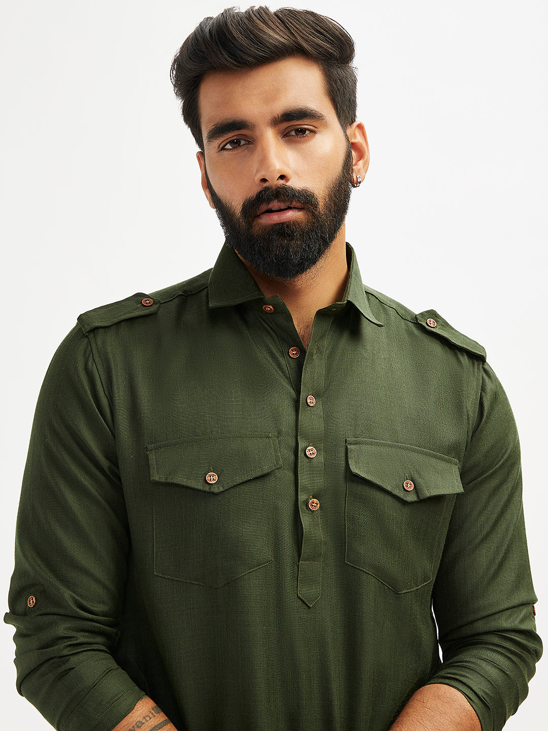 Men's Mehendi Green And Cream Cotton Blend Pathani Kurta Set