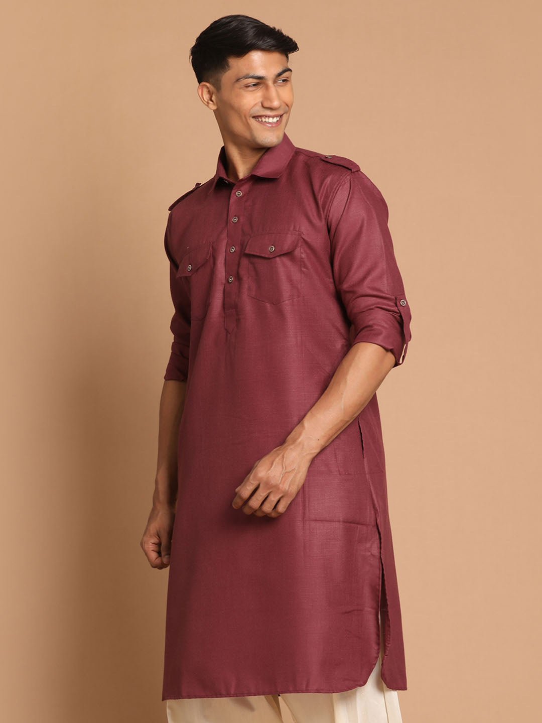 VM By VASTRAMAY Men's Purple Cotton Blend Pathani Style Kurta