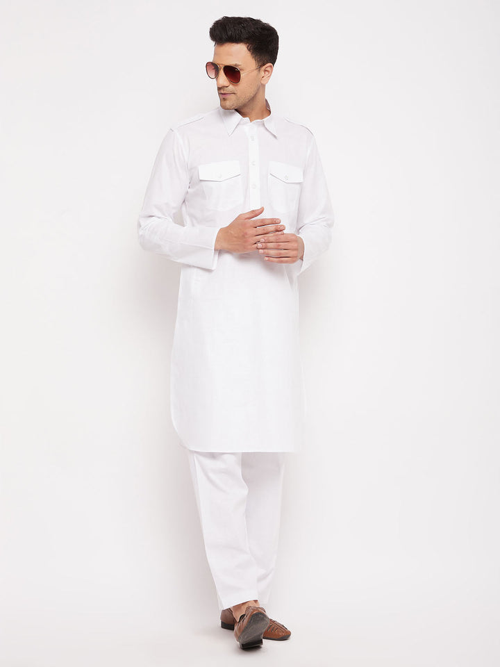 VASTRAMAY Men's White Cotton Blend Pathani Suit Set