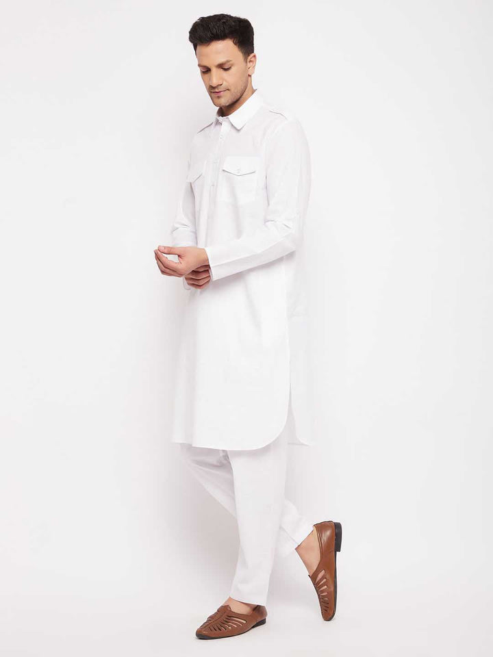 VASTRAMAY Men's White Cotton Blend Pathani Suit Set