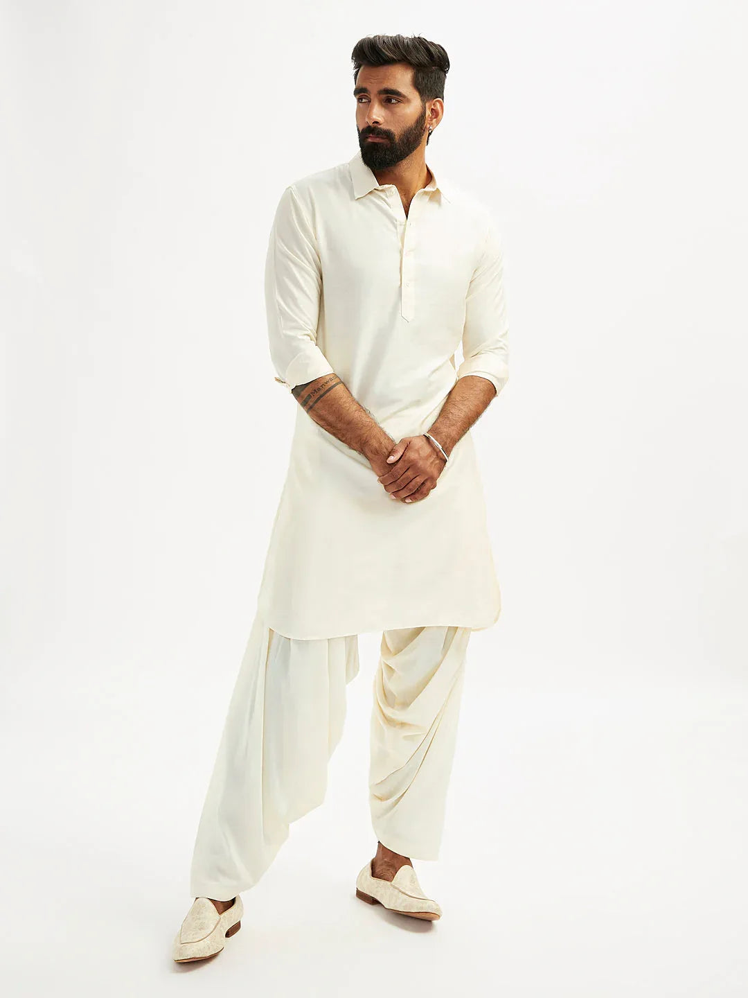 Men’s Solid Cotton Pathani Kurta with Shirt Collar and Full Sleeves