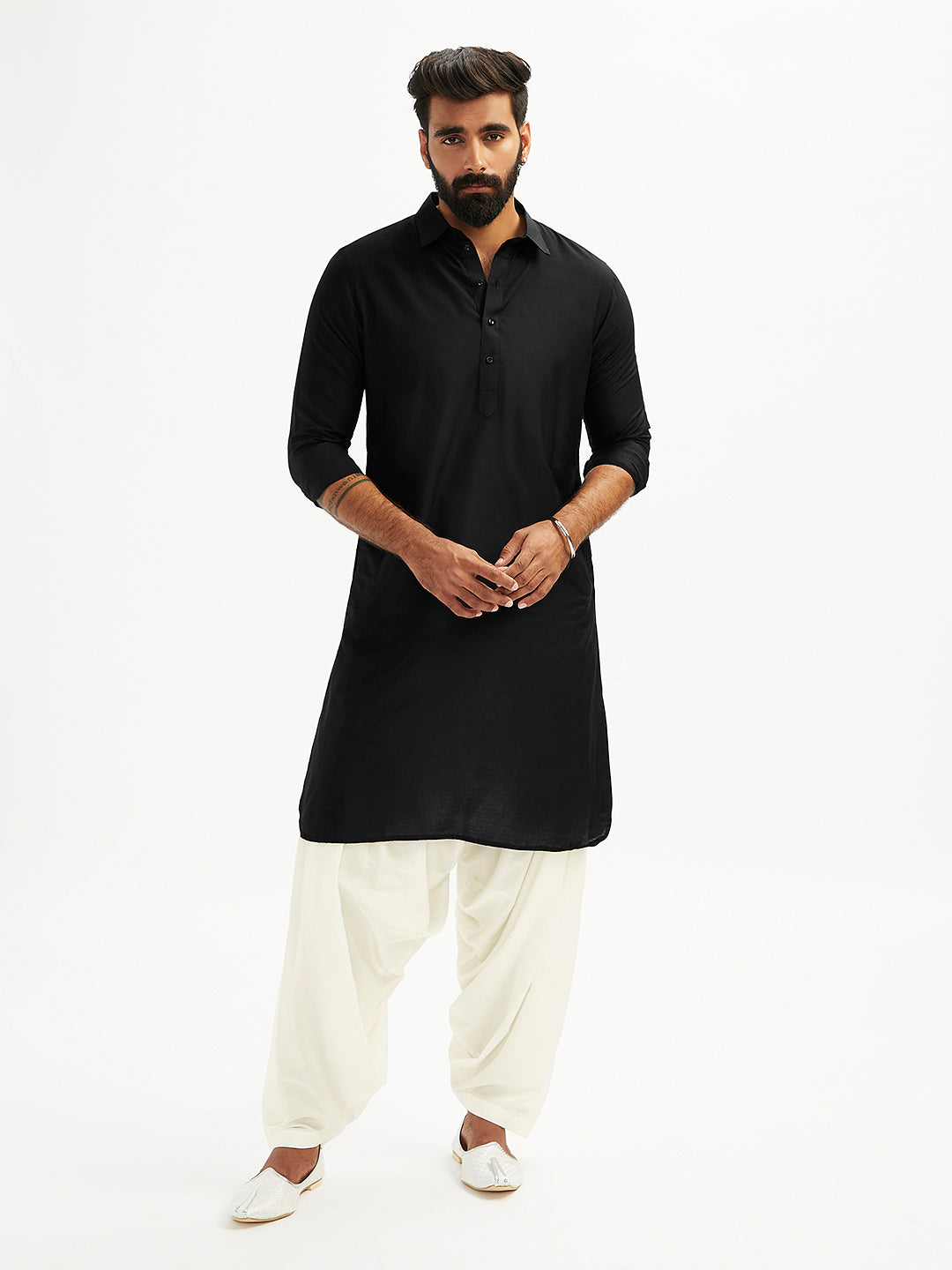 Men's Black And White Viscose Pathani