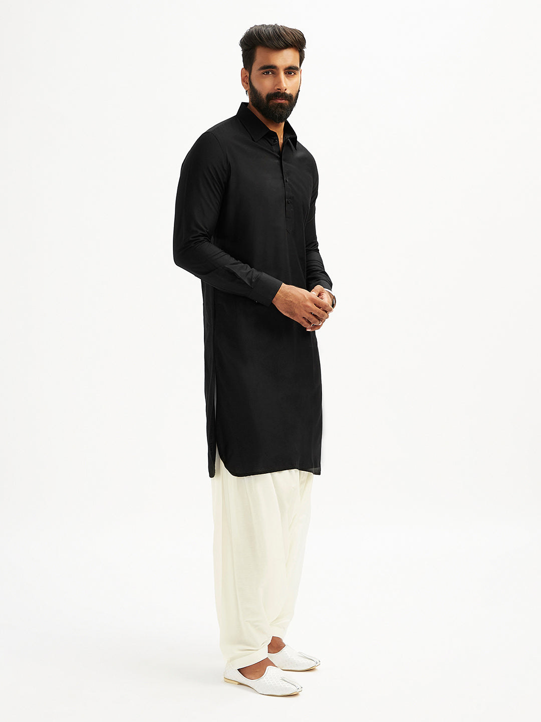Men's Black And White Viscose Pathani Kurta Set