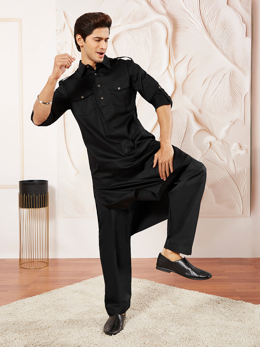Men's Black Cotton Pathani Suit Set