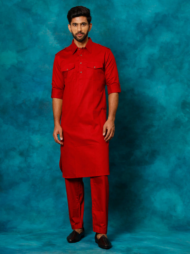 Men's Maroon Cotton Pathani Suit Set