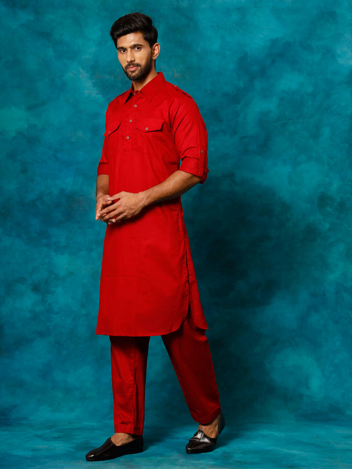 Men's Maroon Cotton Pathani Suit Set