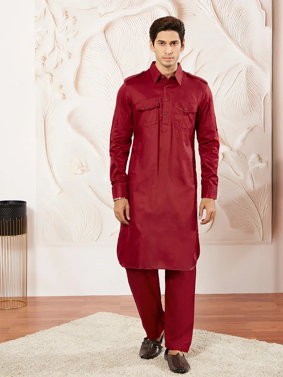 Men's Maroon Cotton Pathani Suit Set