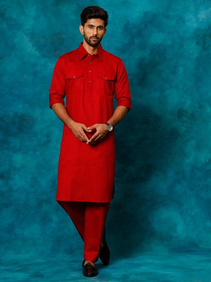 Men's Maroon Cotton Pathani Suit Set