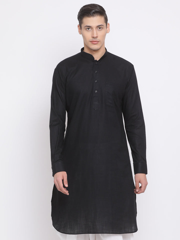 VASTRAMAY Men's Black Cotton Linen Blend Kurta