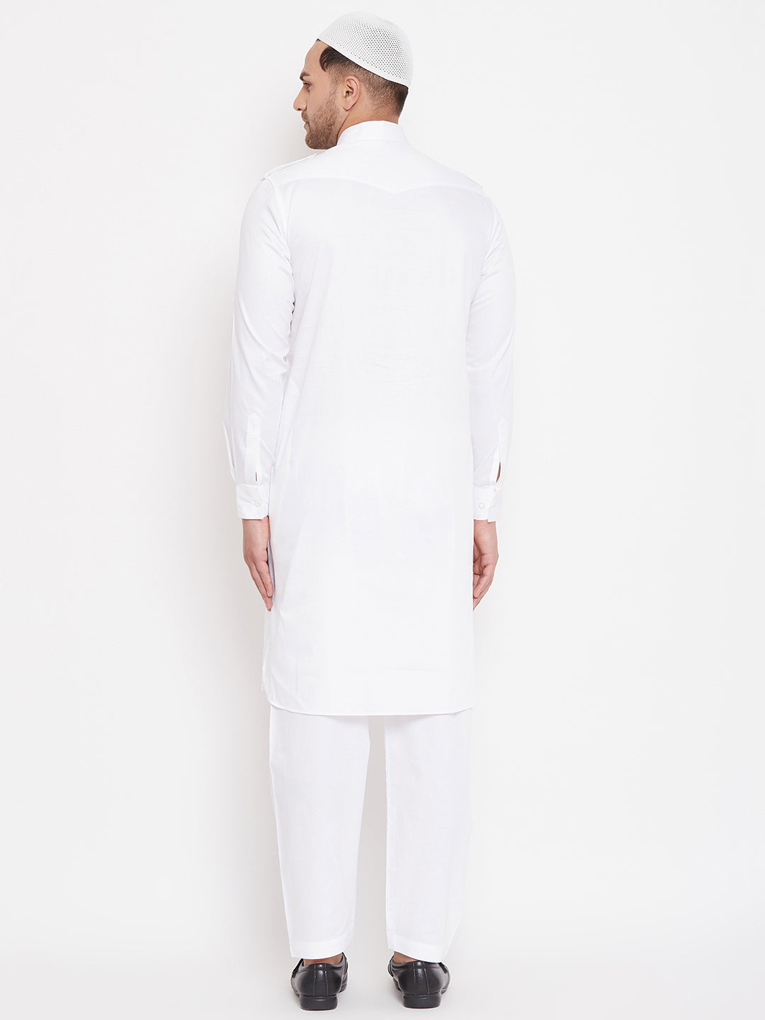 VASTRAMAY Men's White Cotton Blend Pathani Kurta Set With Prayer Cap