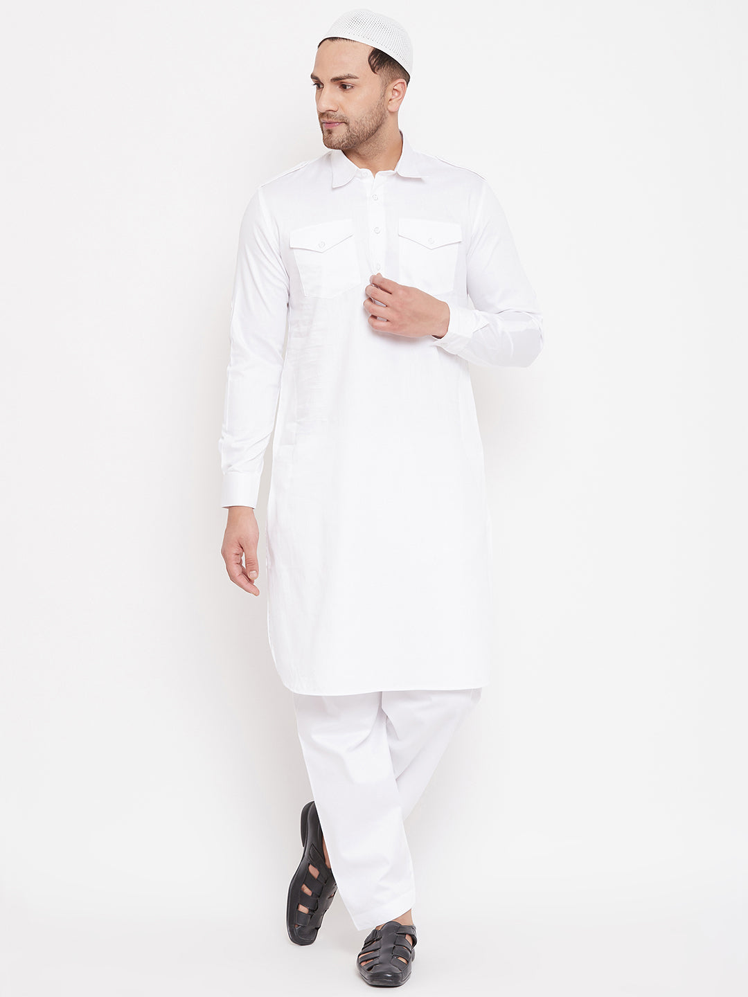 VASTRAMAY Men's White Cotton Blend Pathani Kurta Set With Prayer Cap