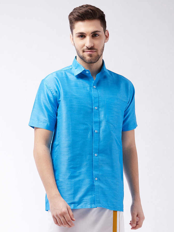 VASTRAMAY Men's Aqua Blue Silk Blend Ethnic Shirt