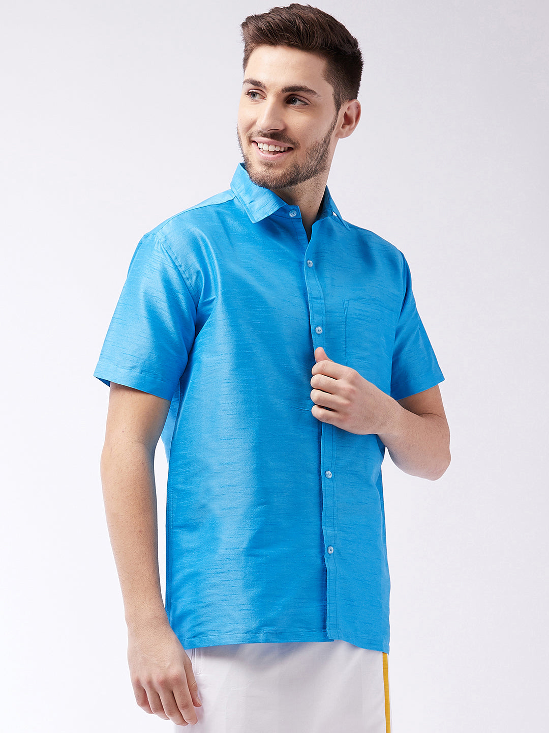 VASTRAMAY Men's Aqua Blue Silk Blend Ethnic Shirt