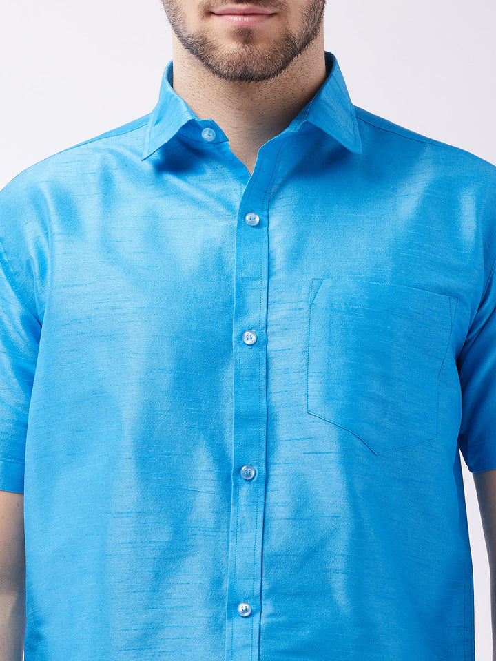 VASTRAMAY Men's Aqua Blue Silk Blend Ethnic Shirt