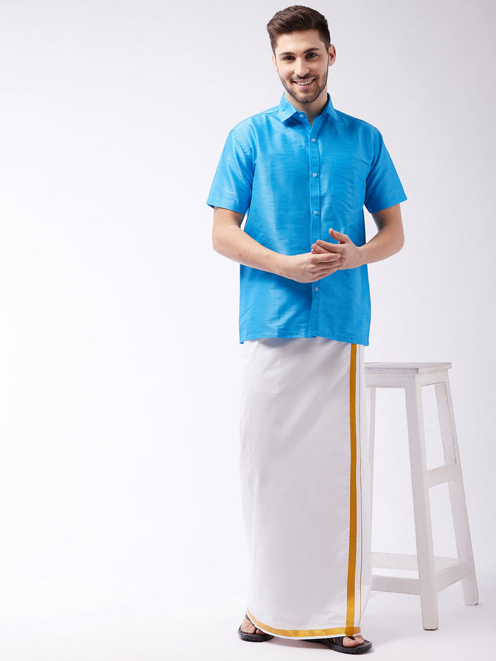 VASTRAMAY Men's Aqua Blue Silk Blend Ethnic Shirt