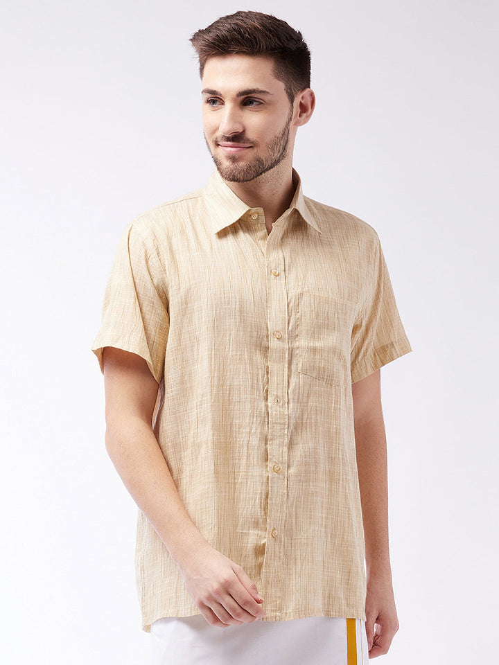 VASTRAMAY Men's Beige Cotton Blend Ethnic Shirt