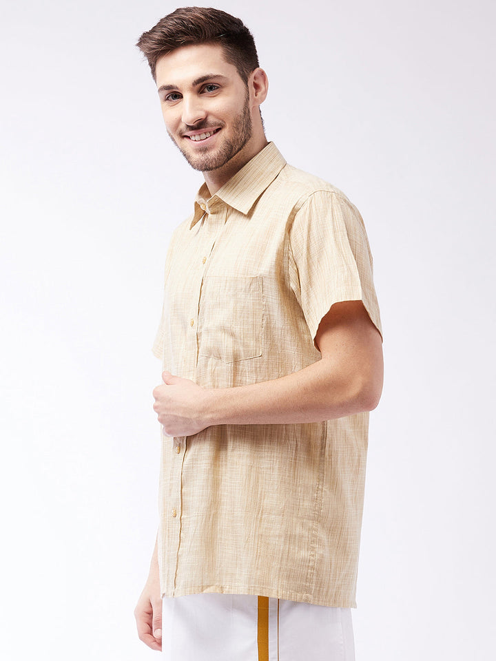 VASTRAMAY Men's Beige Cotton Blend Ethnic Shirt