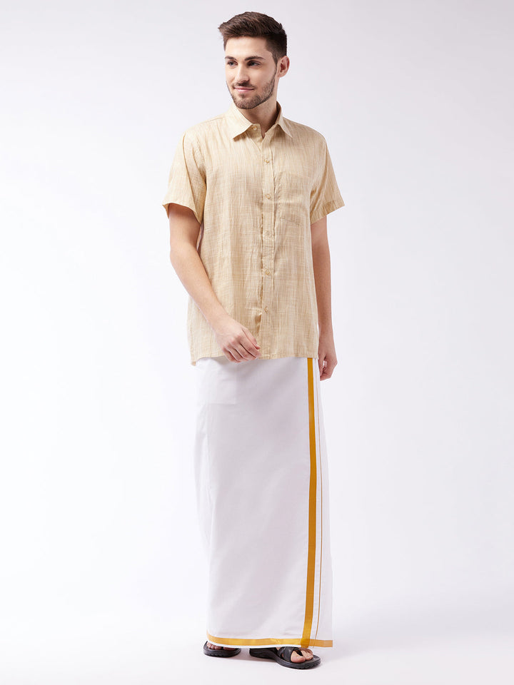 VASTRAMAY Men's Beige And White Cotton Blend Shirt And Mundu