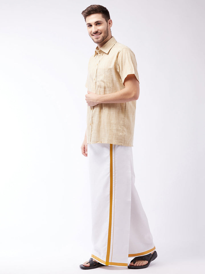 VASTRAMAY Men's Beige And White Cotton Blend Shirt And Mundu