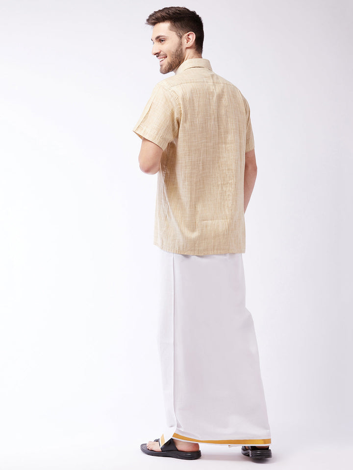 VASTRAMAY Men's Beige And White Cotton Blend Shirt And Mundu