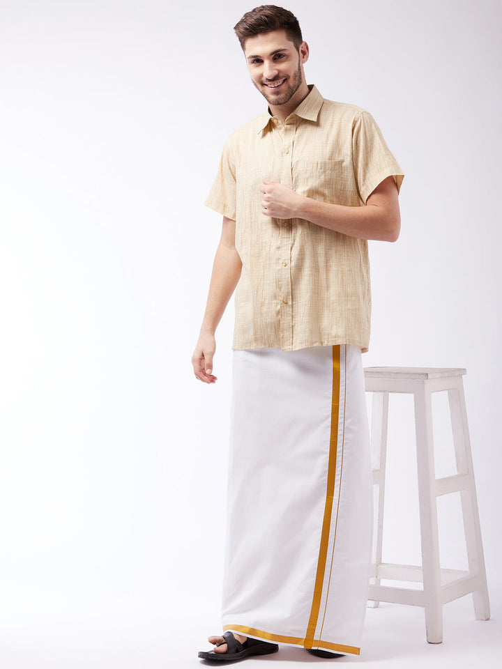 VASTRAMAY Men's Beige And White Cotton Blend Shirt And Mundu