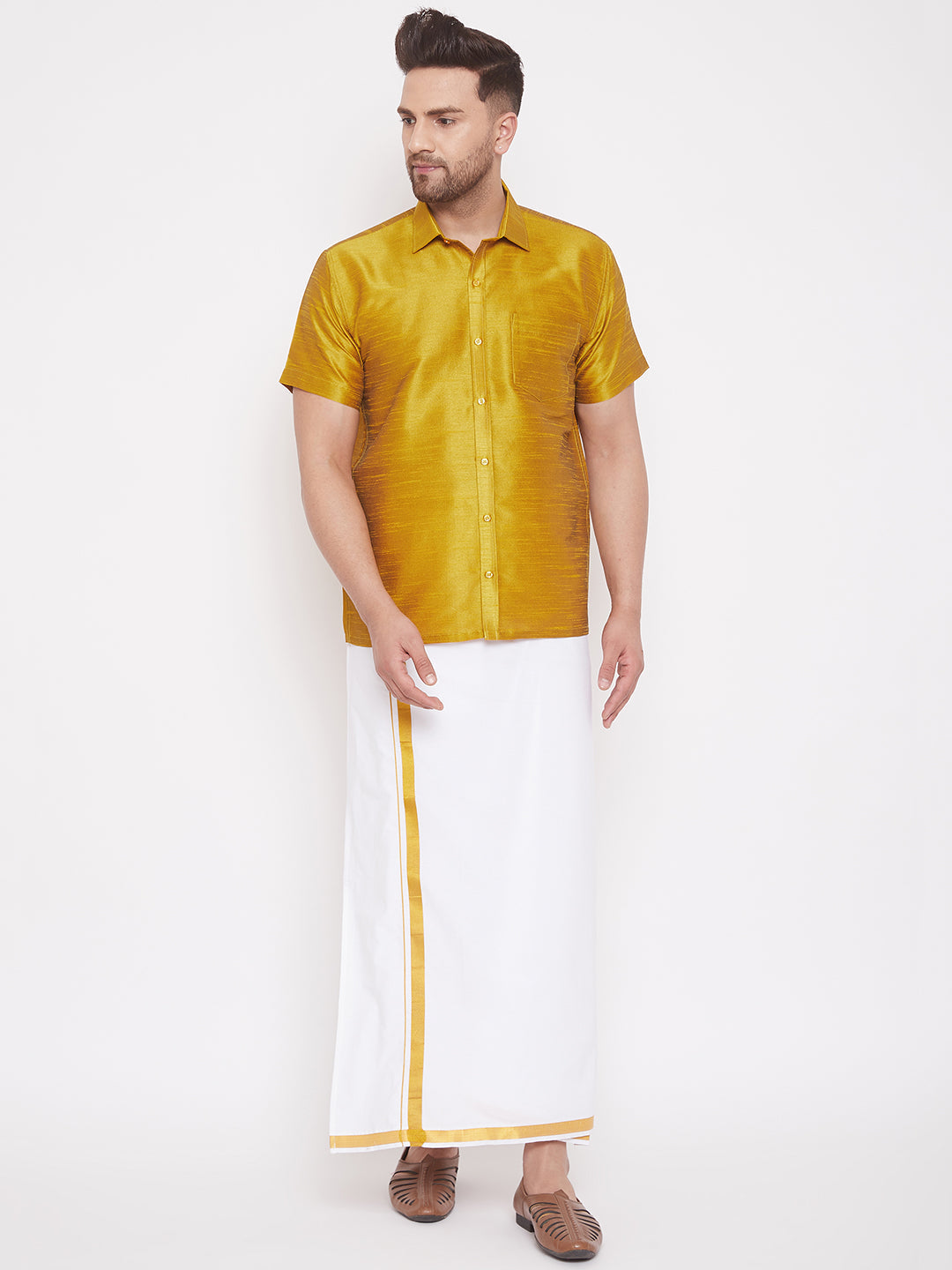 VM By VASTRAMAY Men's Mustard Silk Blend Ethnic Shirt