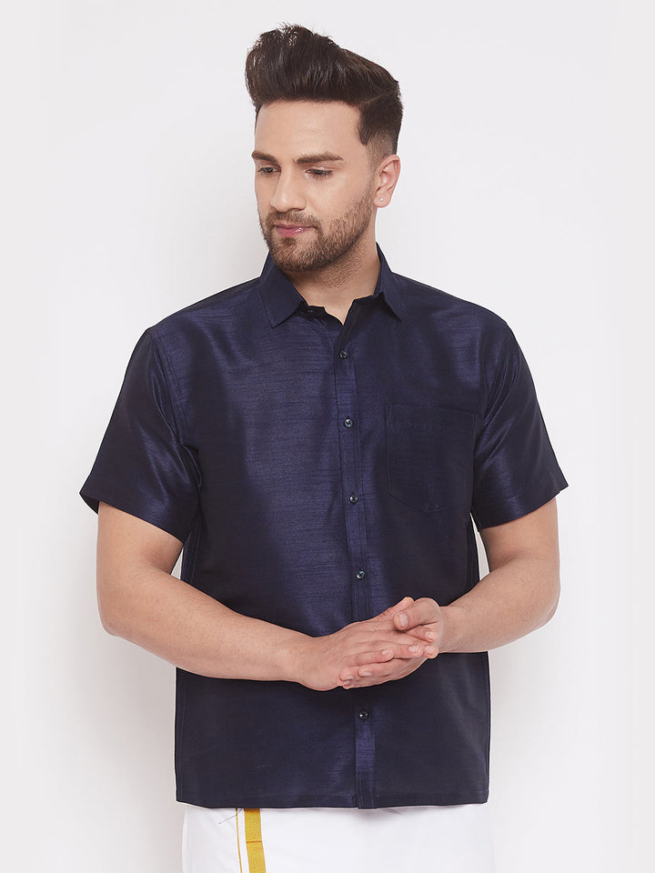 VM By VASTRAMAY Men's Navy Blue Silk Blend Ethnic Shirt