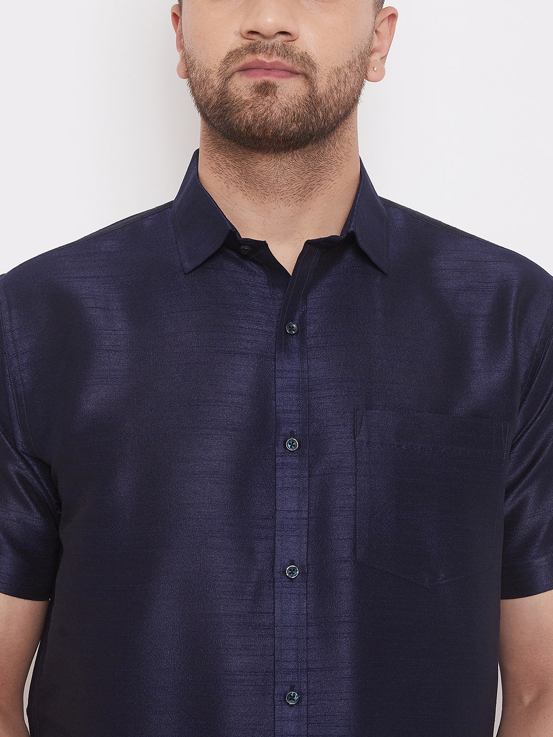 VM By VASTRAMAY Men's Navy Blue Silk Blend Ethnic Shirt