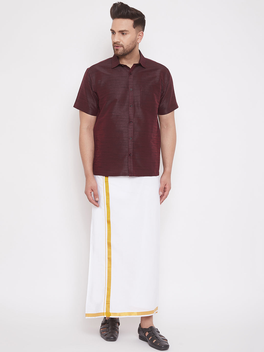 Men's Wine Silk Blend Ethnic Shirt