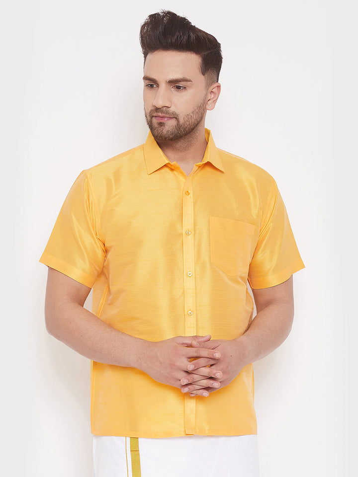 VM By VASTRAMAY Men's Yellow Silk Blend Ethnic Shirt