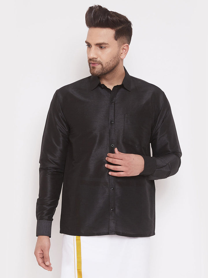 VM By VASTRAMAY Men's Black Silk Blend Ethnic Shirt