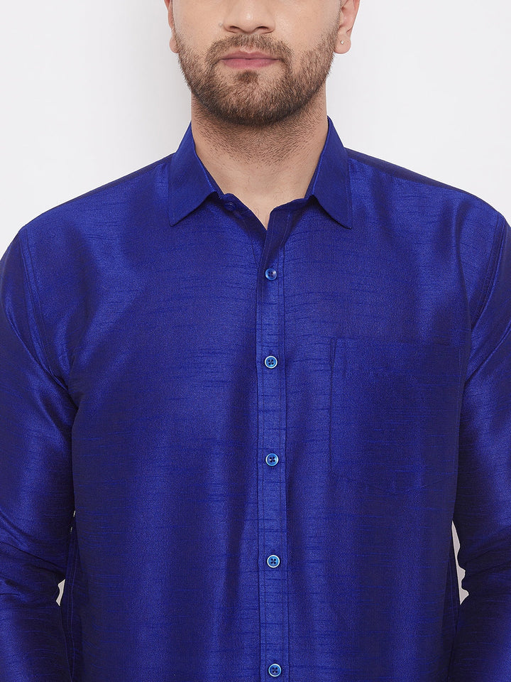 VASTRAMAY Men's Blue Silk Blend Ethnic Shirt