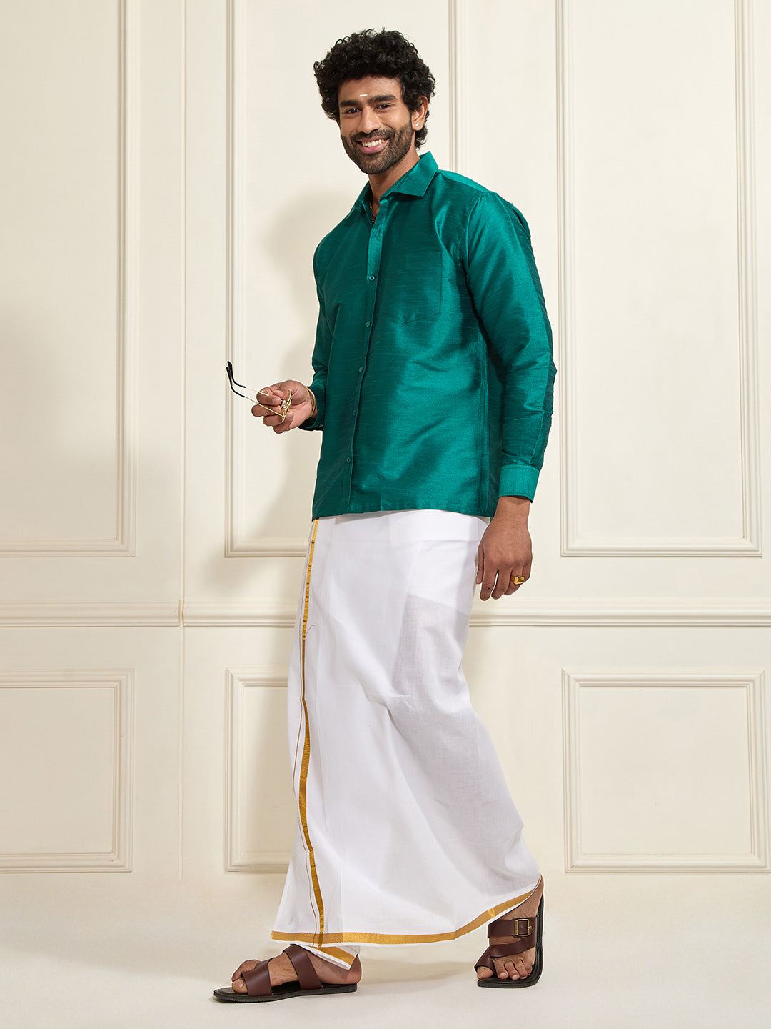 Men's Green Silk Blend Ethnic Shirt