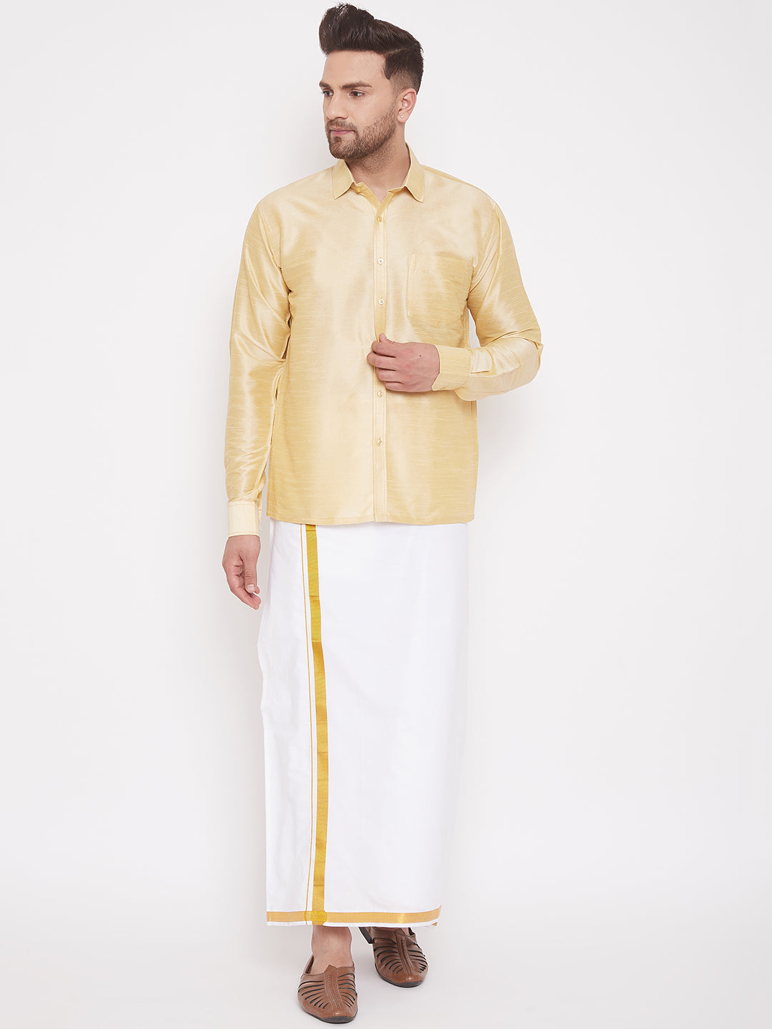 VM BY VASTRAMAY Men's Gold Silk Blend Ethnic Shirt