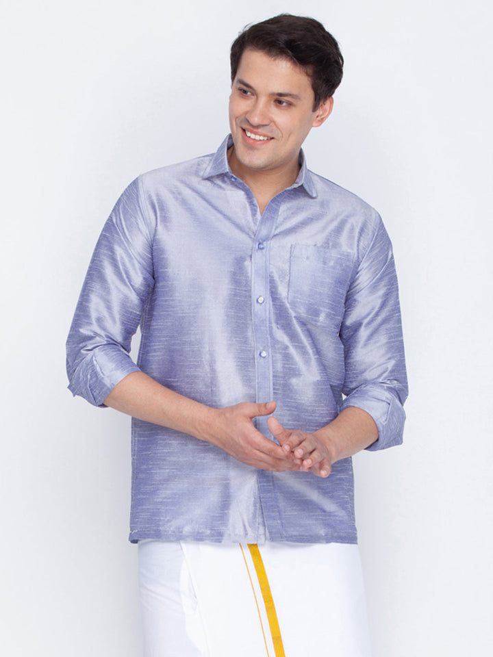 VASTRAMAY Men's Light Blue Silk Blend Ethnic Shirt