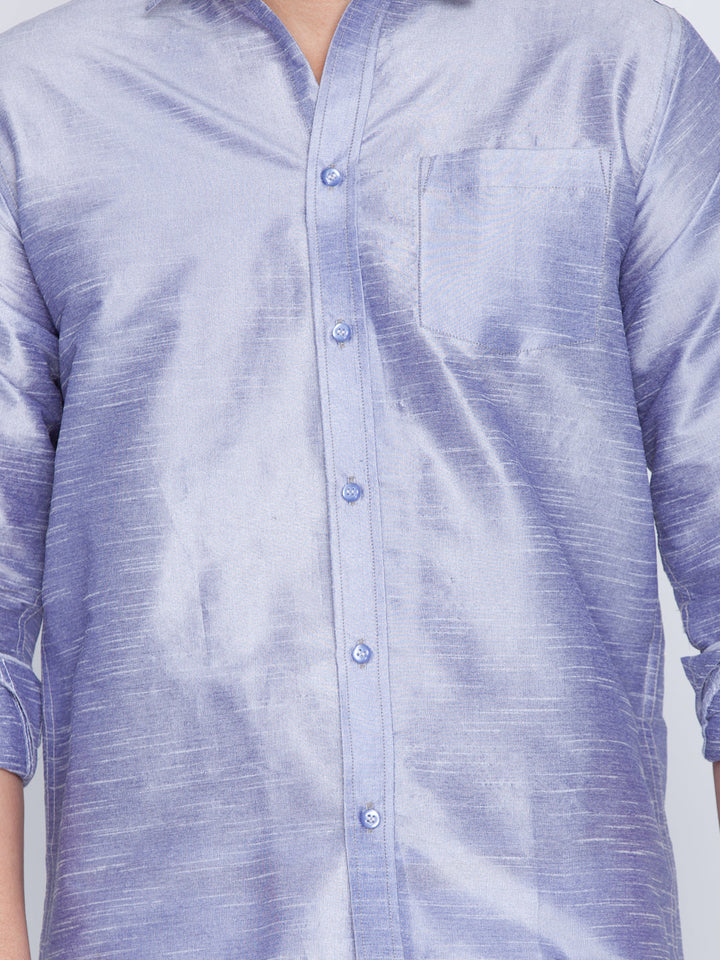 VASTRAMAY Men's Light Blue Silk Blend Ethnic Shirt