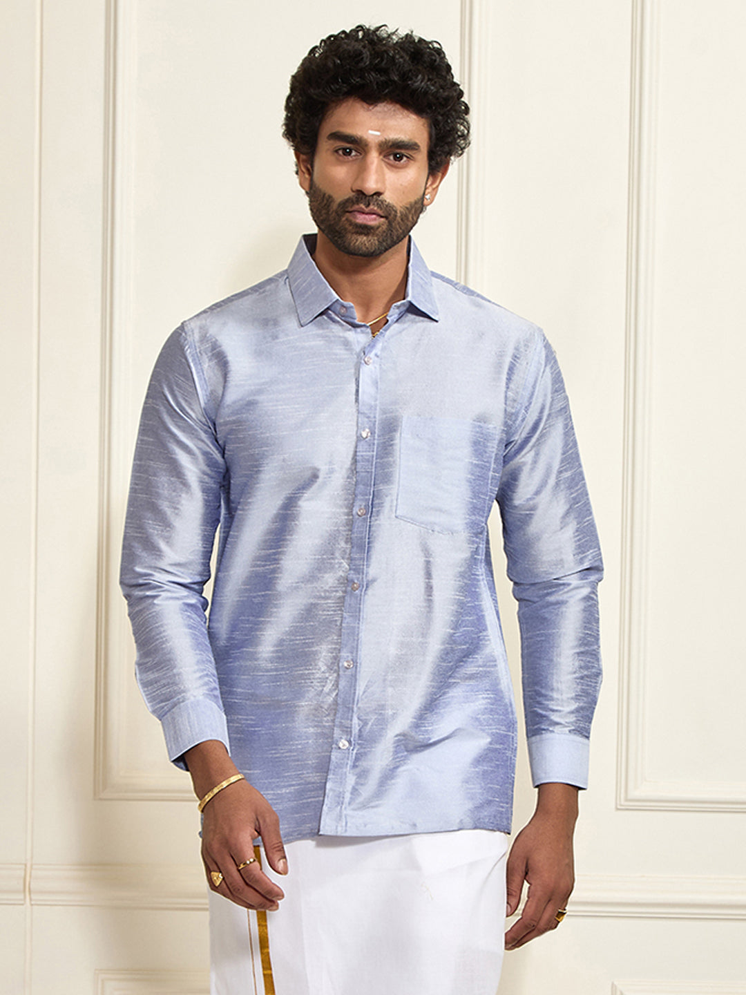 Men's Light Blue Silk Blend Ethnic Shirt