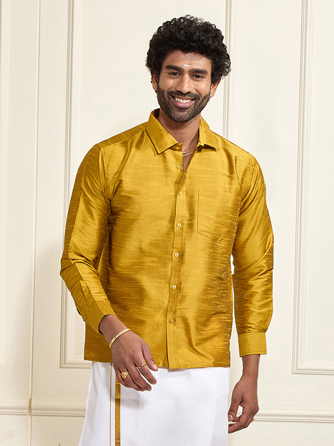 Men's Mustard Silk Blend Ethnic Shirt