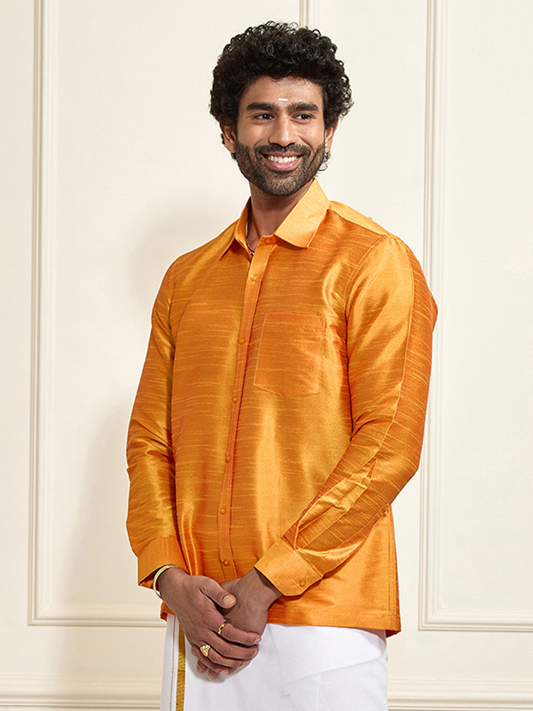 Men's Orange Silk Blend Ethnic Shirt