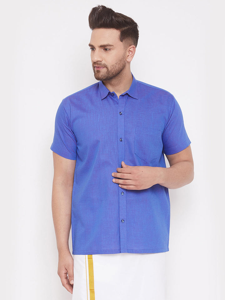 VM BY VASTRAMAY Men's Blue Cotton Blend Ethnic Shirt