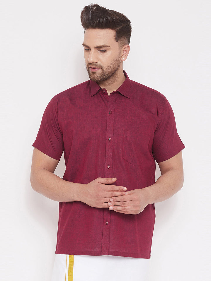 VM BY VASTRAMAY Men's Maroon Cotton Blend Ethnic Shirt