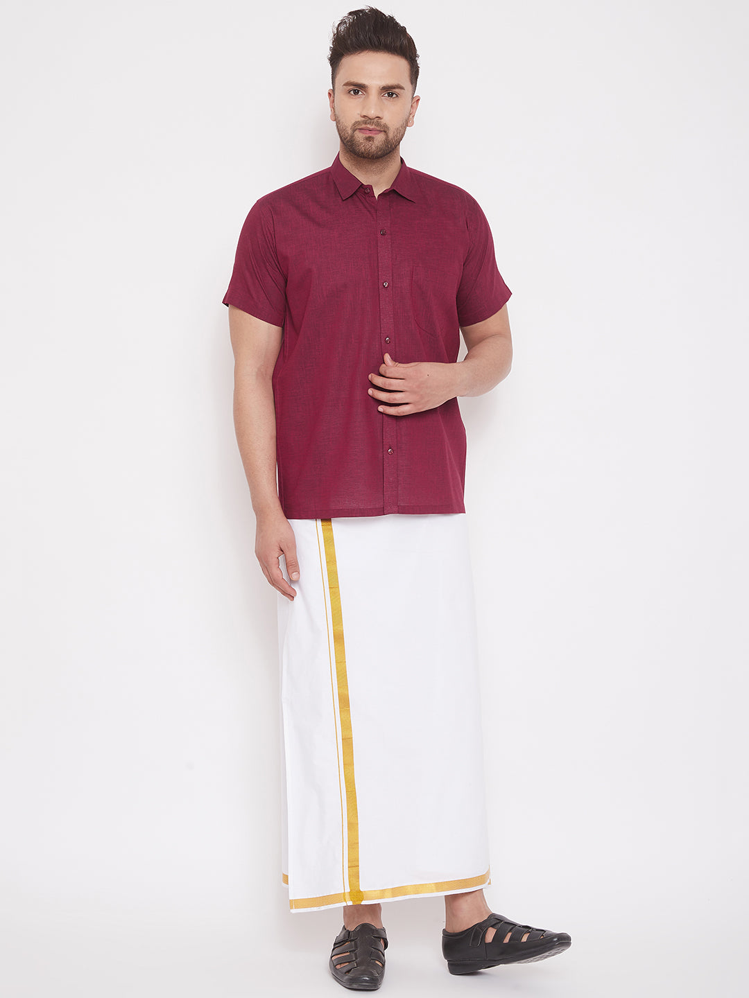 VM BY VASTRAMAY Men's Maroon Cotton Blend Ethnic Shirt