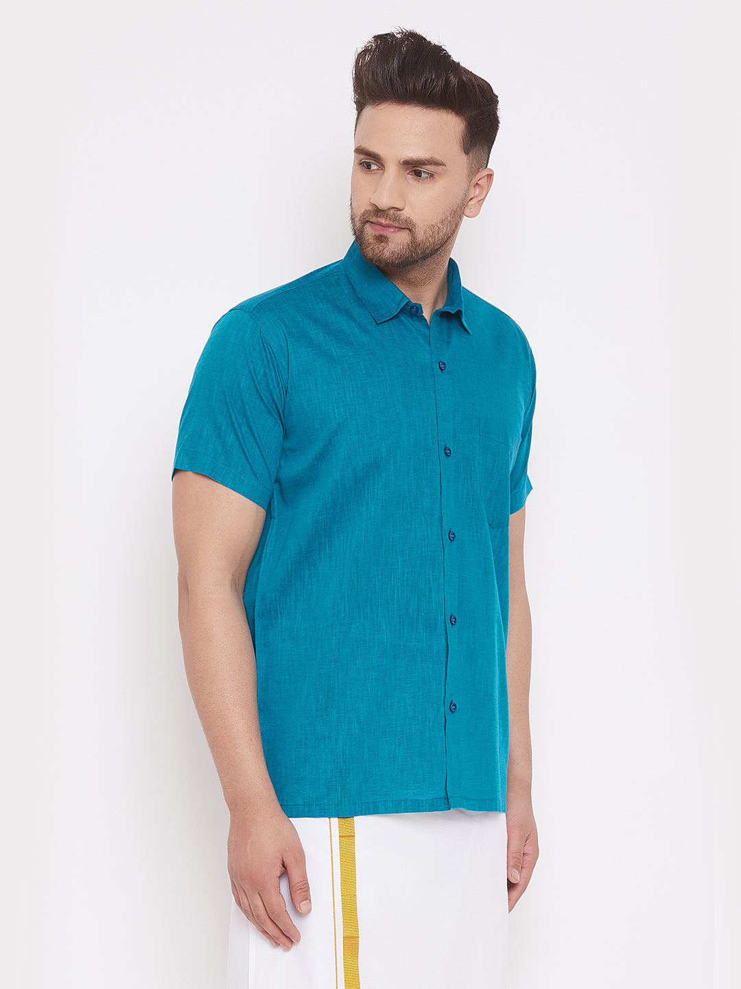 Vastramay Turquoise Cotton Blend Baap Beta Ethnic Shirt