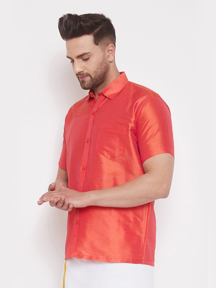 VM BY VASTRAMAY Men's Red Silk Blend Ethnic Shirt with Traditional Indian Embroidery and Mandarin Collar