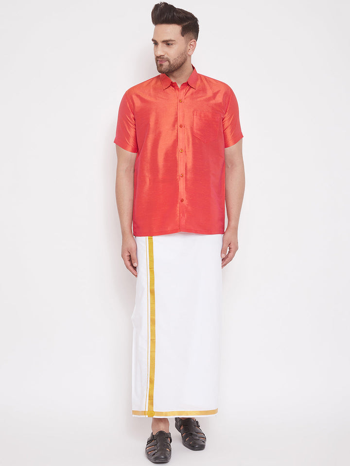 VM BY VASTRAMAY Men's Red Silk Blend Ethnic Shirt with Intricate Embroidery and Mandarin Collar