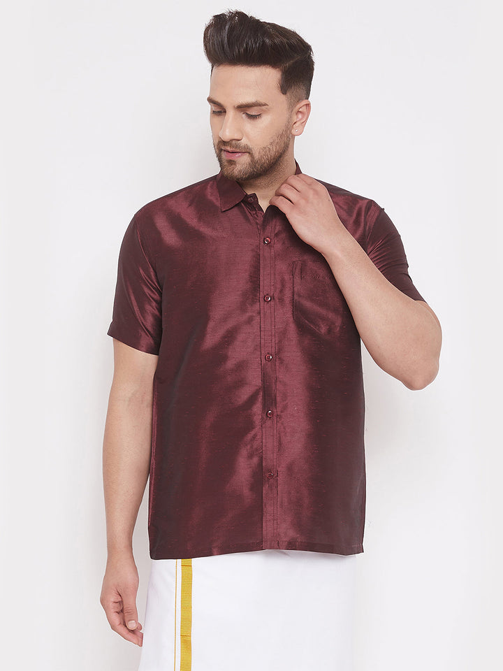 VM BY VASTRAMAY Men's Wine Silk Blend Ethnic Shirt