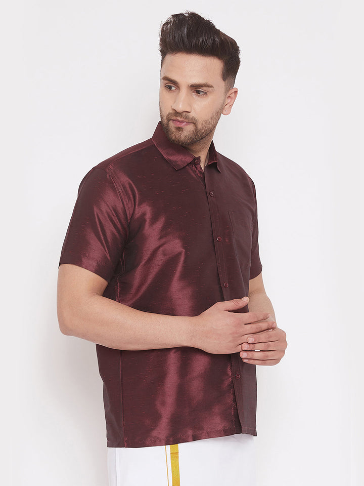 VM BY VASTRAMAY Men's Wine Silk Blend Ethnic Shirt